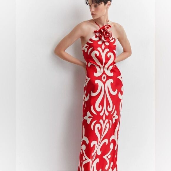 Blogger favorite red satin halter dress with floral applique (brand Mango) - Picture 8 of 15